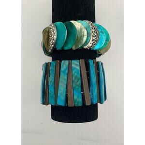 Lot Of 2 Abalone Stretch Bracelets Chunky Blue Natural Shells Coastal Beach Boho